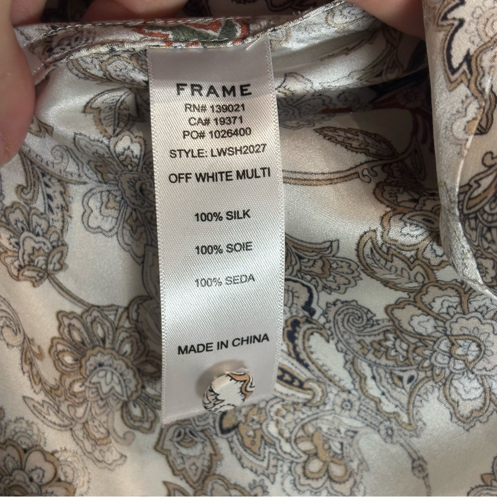 FRAME Silk 70s Ruffle Silk Top Off White Multi Paisley Size Small - Picture 7 of 8